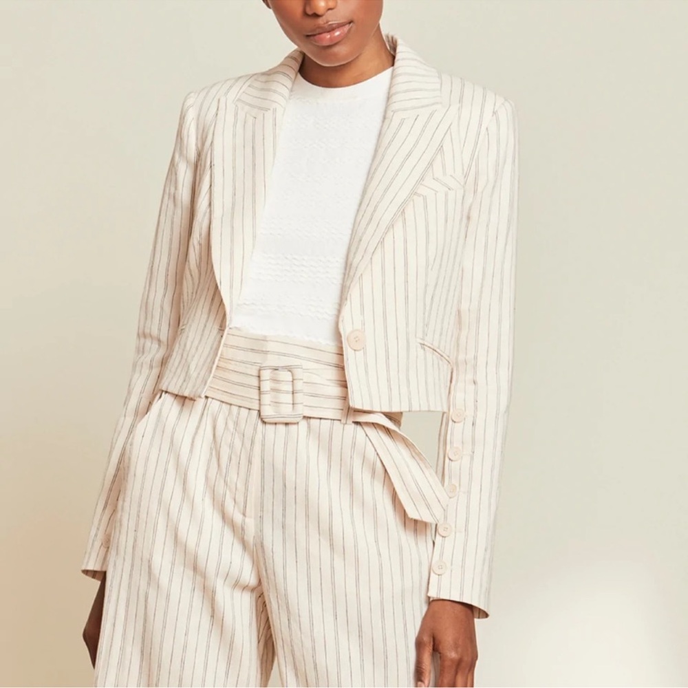 Veronica Beard Pinstriped Cropped Armada Linen Blend Jacket - Picture 2 of 10